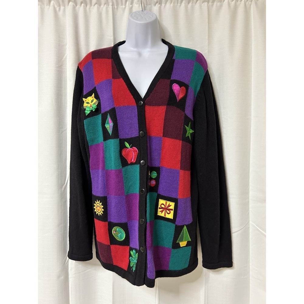 Bob Mackie Womens Cardigan M Sweater Holidays Art To Wear Cat Colorblock